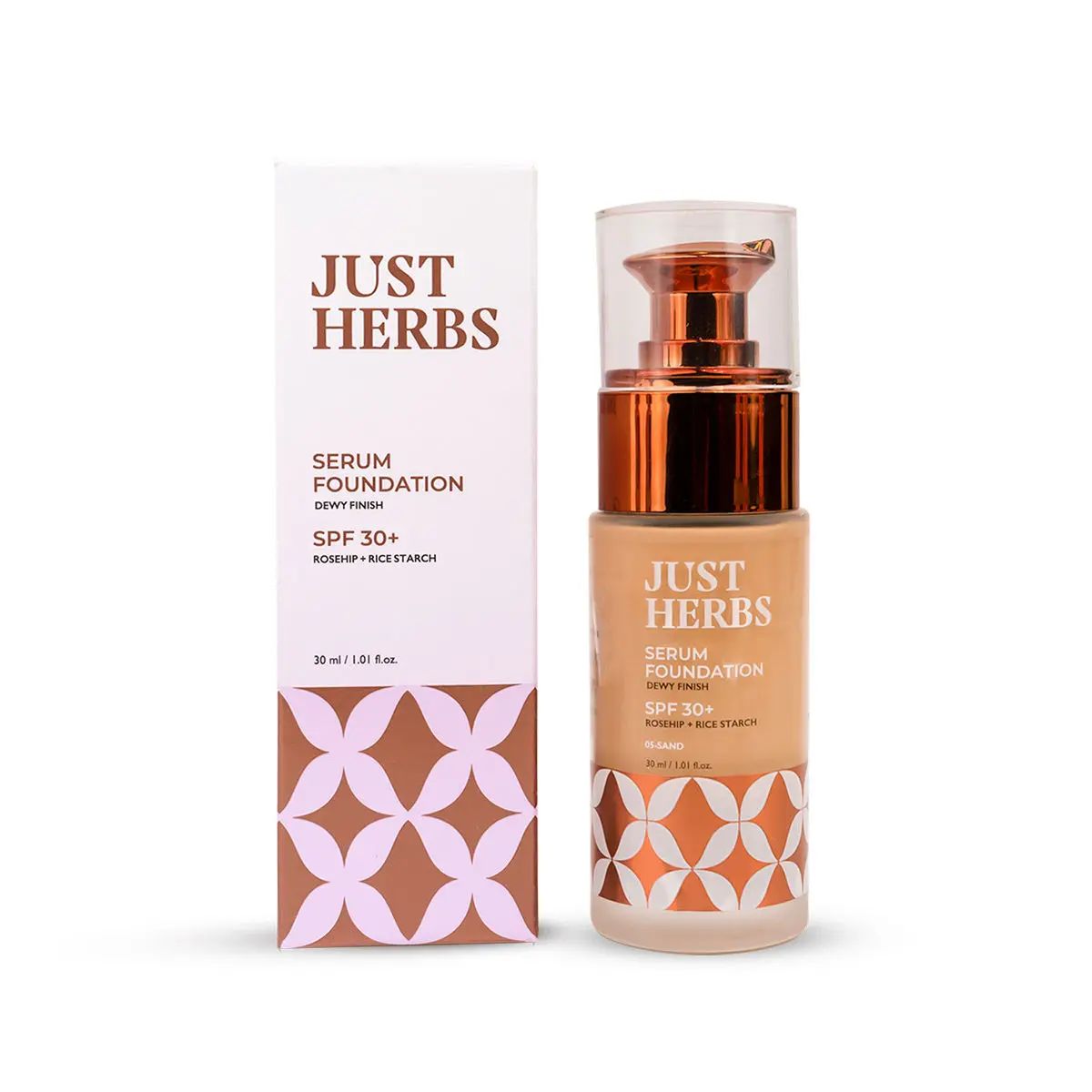 Just Herbs 12 Hours Full Coverage Serum Foundation SPF 30+ With Rosehip Oil And Rice Starch, Sand -30ML