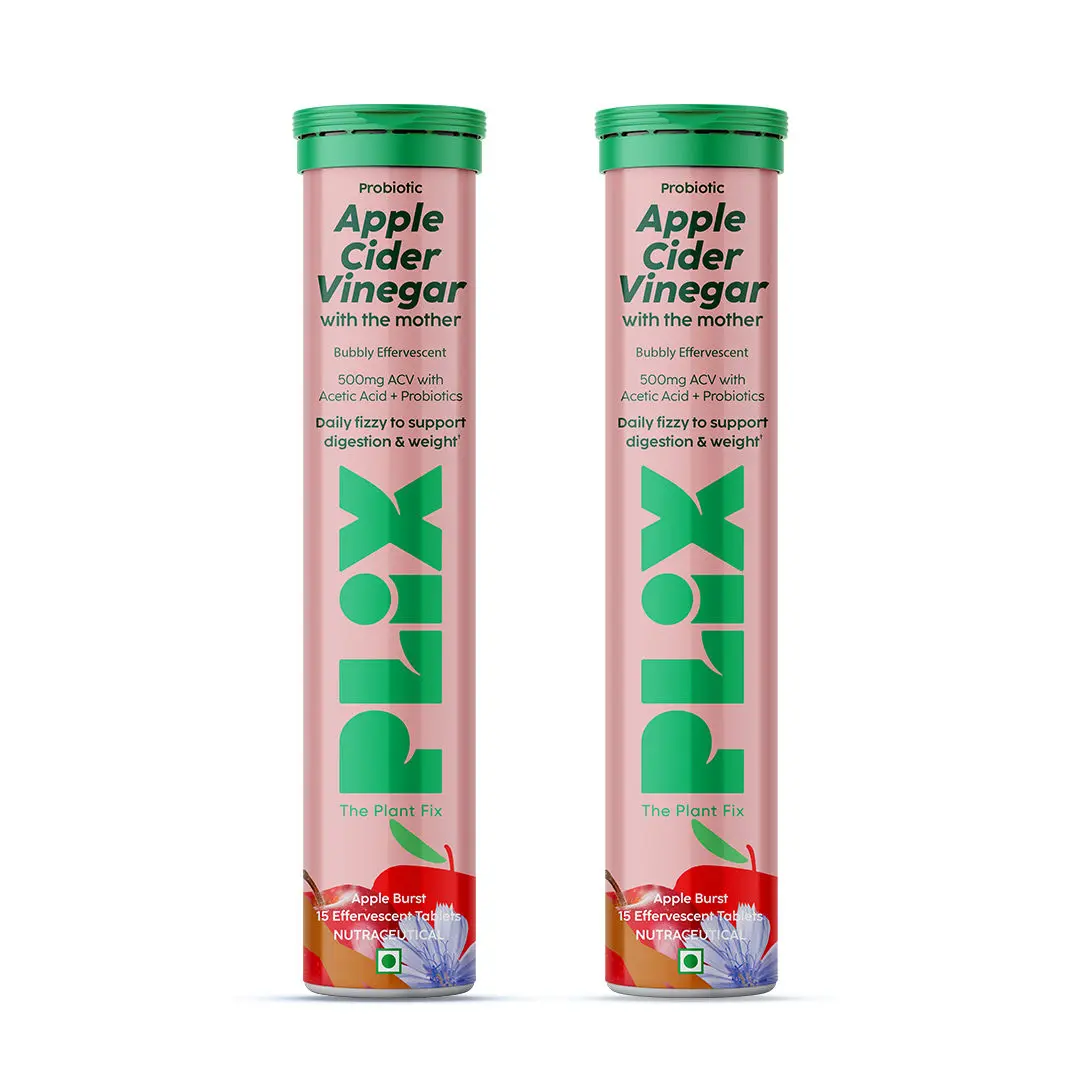 PLIX Probiotics+ Apple Cider Vinegar 15 Effervescent Tablets, Extensive Digestive Support With 10bn CFU, Pack of 2 (Apple)