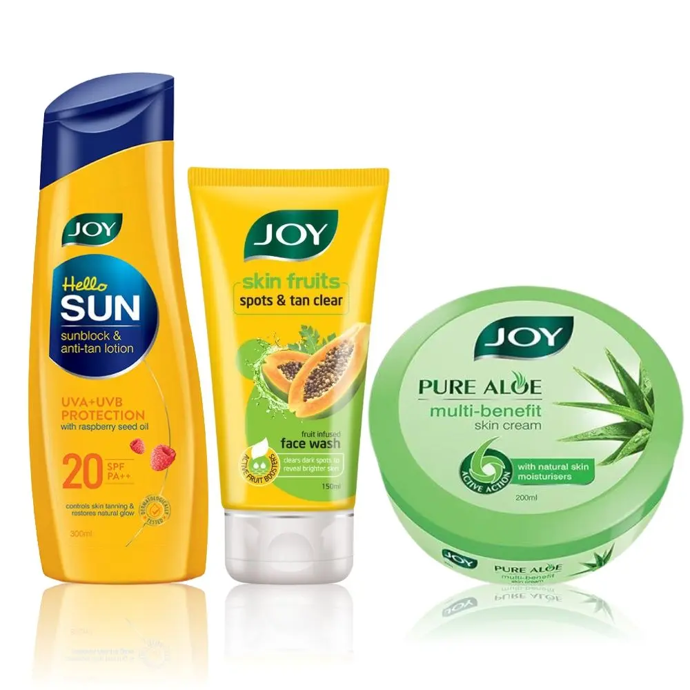 Joy Hello Sun SunBlock & Anti-tan Lotion SPF20- 300ml + Pure Aloe Multi Benefit Skin Cream-200ml + Skin Fruits Spots & Tan Clear Papaya Face Wash 150ml  (3 Items in the set)