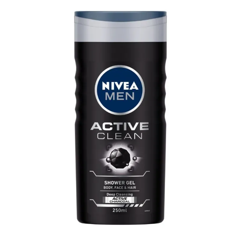 NIVEA Men Body Wash- Active Clean with Active Charcoal- Shower Gel for Body- Face & Hair 3-in-1