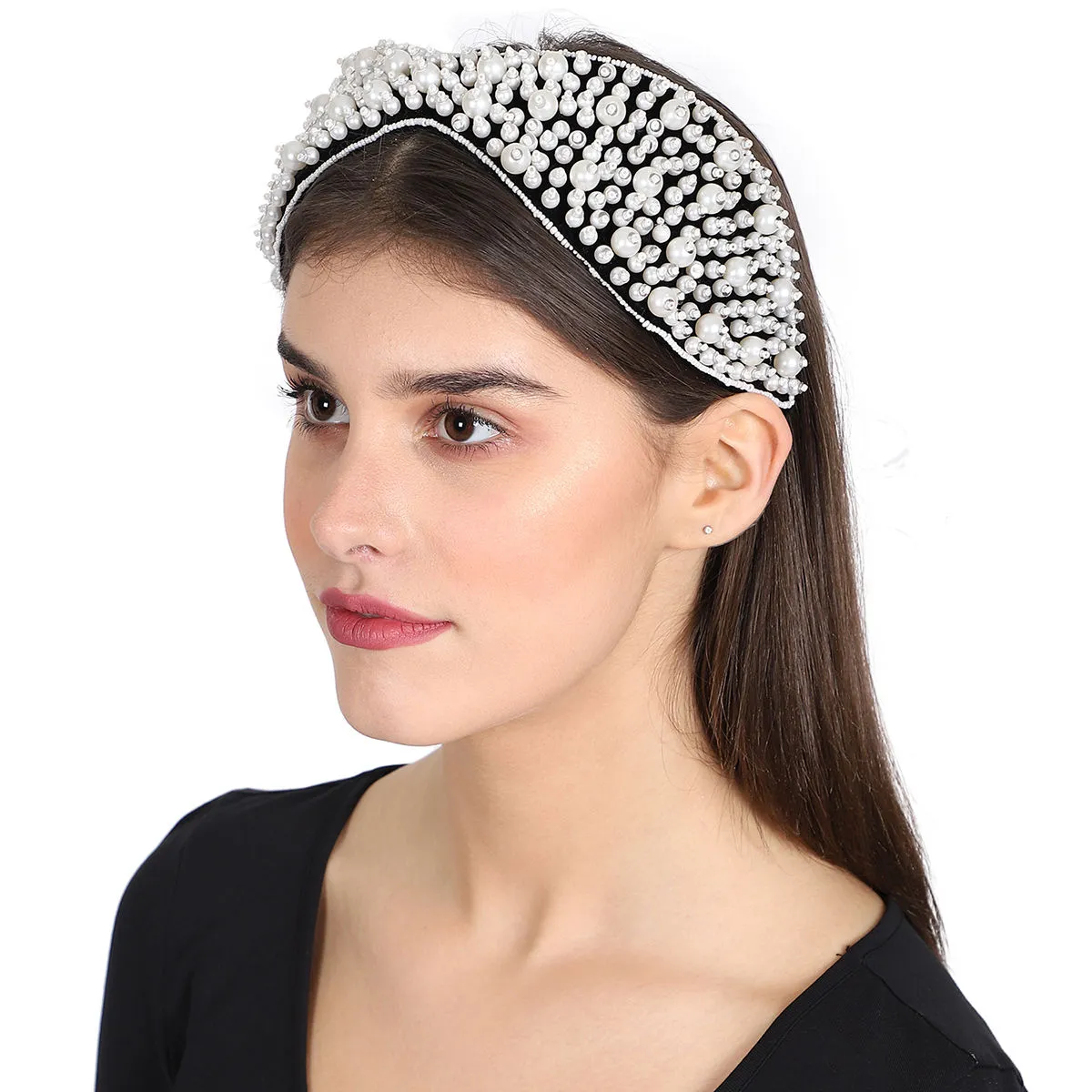 Anekaant Black/white Velvet Pearl Beaded Hairband