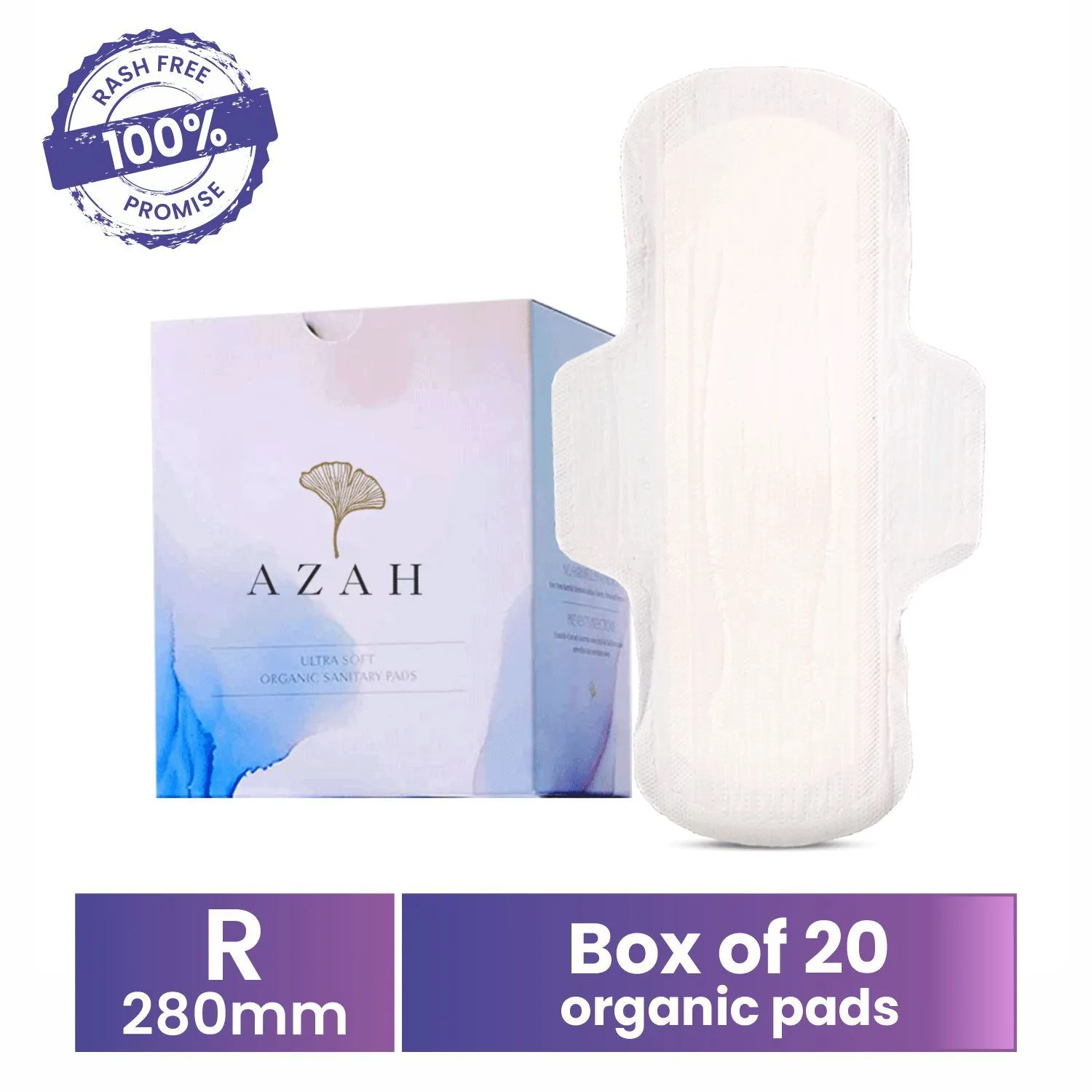 Azah Rash Free Organic Sanitary Pads : Box of 20 Pads (All Regular - Without disposal bags)