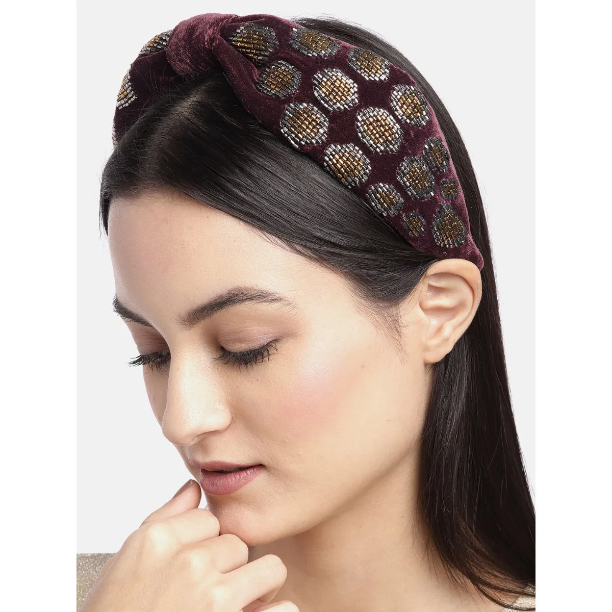 Blueberry Purple Velvet Hand Beaded Embellished Knot Hairband