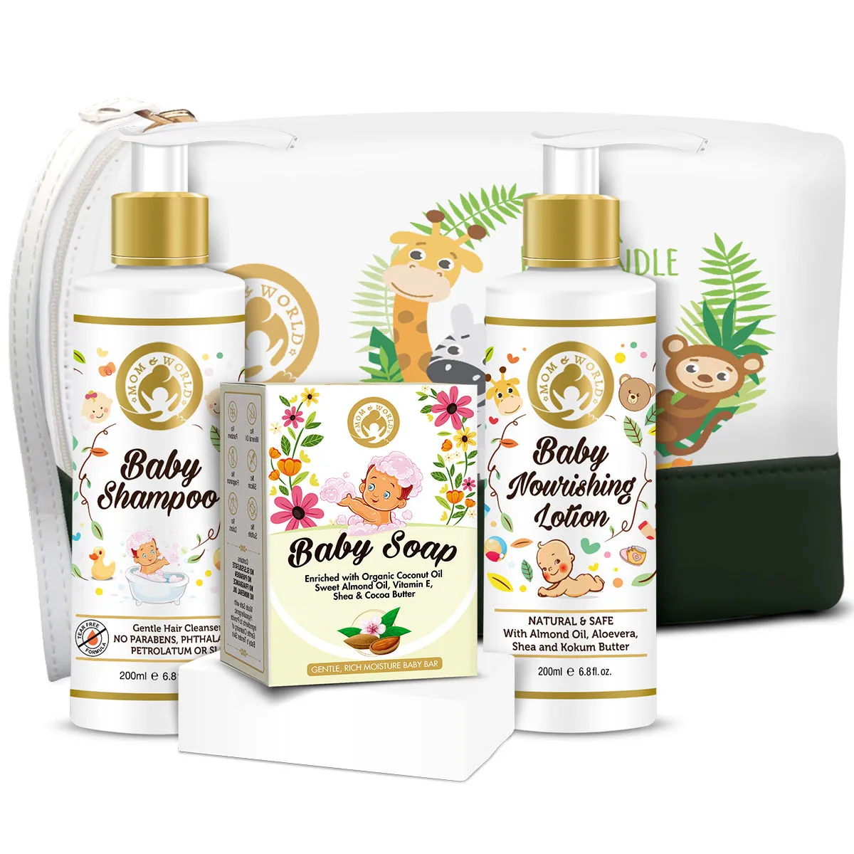 Mom & World Baby Shampoo + Baby Soap + Baby Nourishing Lotion With Pouch