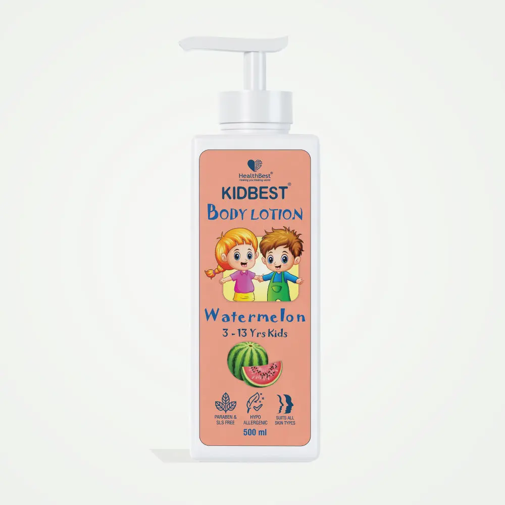 HealthBest Kidbest Body Lotion for Kids | Anti-Bacterial | Normal Skin, Sensitive Skin & Dry Skin | Tear, Paraben, SLS free | Watermelon Flavor | 500ml