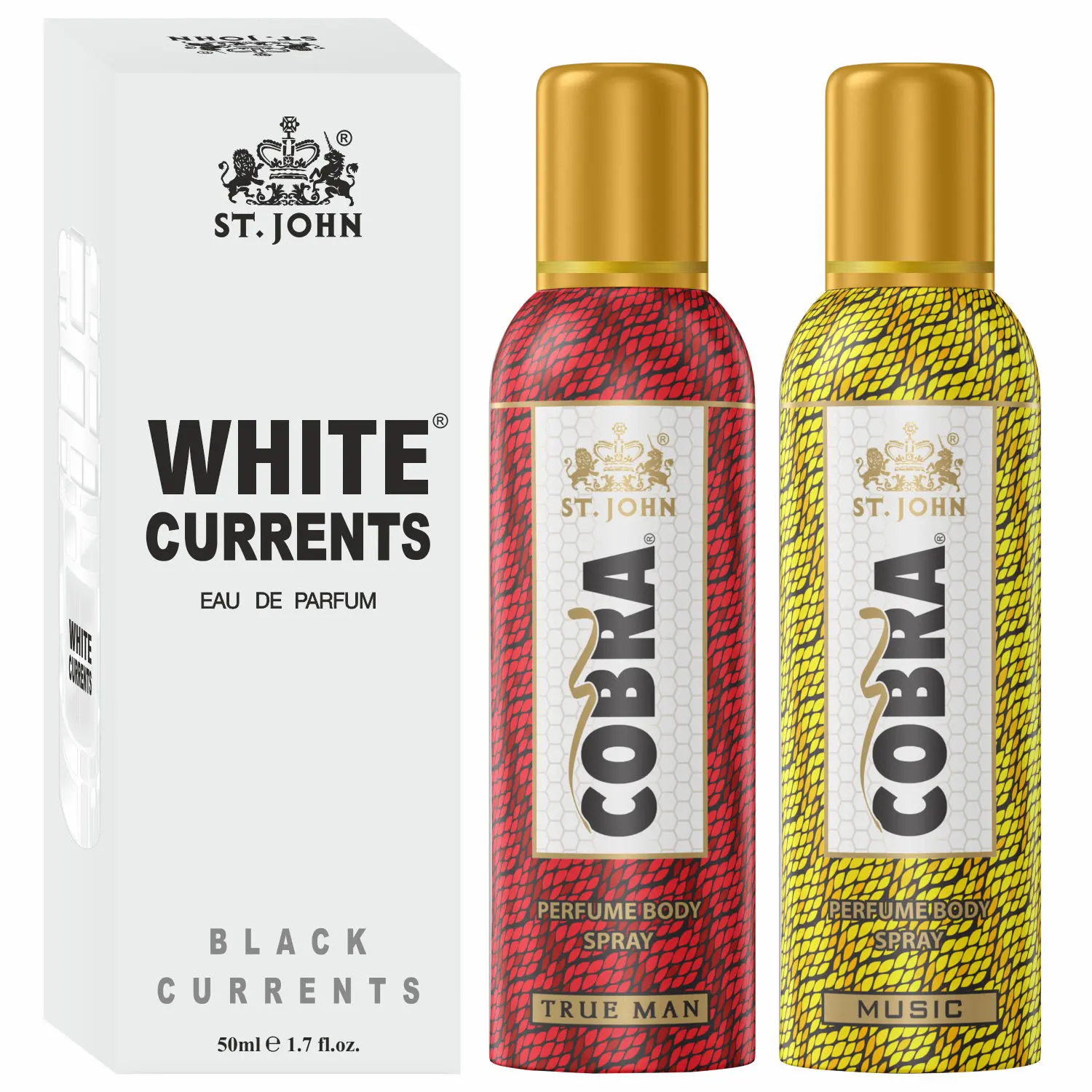 ST-JOHN Cobra No Gas Deodorant Music, True Man 100ml each & White Current 50ml Combo Perfume Body Spray For Men & Women (250 ml, Pack of 3)