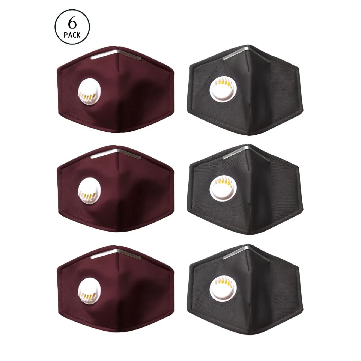 Bellofox 3-Ply Maroon Maroon & Grey Solids Filter Valve Cotton Face Mask (Pack Of 6)