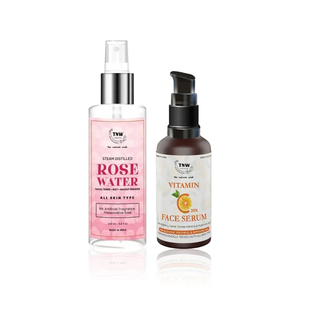 TNW The Natural Wash Vitamin C Face Serum and Steam Distilled Rose Water Combo for Glowing Skin