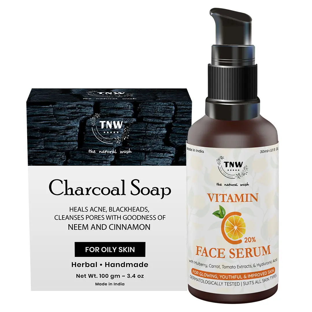 TNW-THE NATURAL WASH Vitamin C Face Serum|Skin Clearing Serum, Face Brightening Anti-Aging Serum & Handmade Charcoal Bath Soap Deep Cleansing Remove Dirt & Impuritities with Anti-Pollution Effect