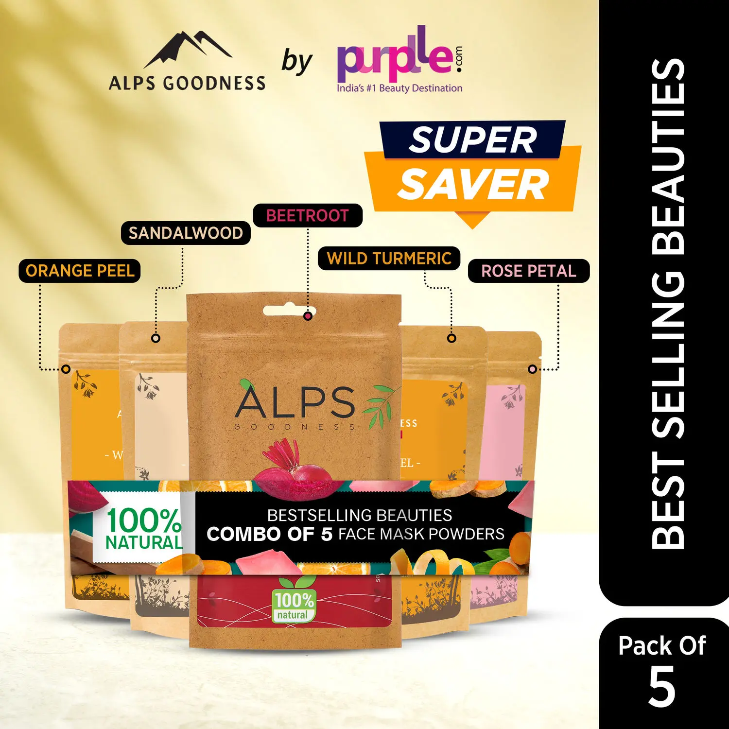 Alps Goodness Bestselling Beauties (Pack of 5) | Beetroot, Sandalwood, Orange peel, Rose petals, & Wild turmeric powder | Beauty Combo for Radiant Skin (5 x 50g)