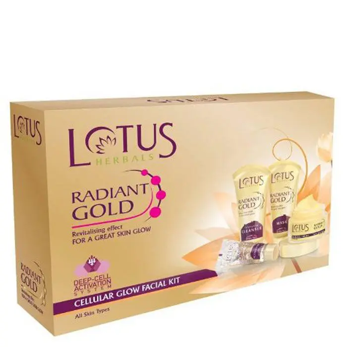 Lotus Herbals Radiant Gold Cellular Glow Facial Kit 4 in 1 | With 24K Gold leaves | For Skin Glow | All Skin Types | 170g