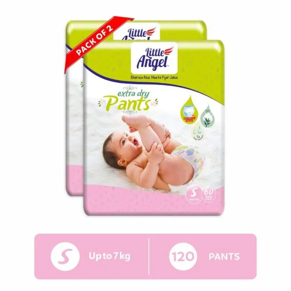 Little Angel Extra Dry Baby Pants Diaper, Small (S) Size, 120 Count, Super Absorbent Core Up to 12 Hrs. Protection, Soft Elastic Waist Grip & Wetness Indicator, Pack of 2, 60 count/pack, Upto 7kg