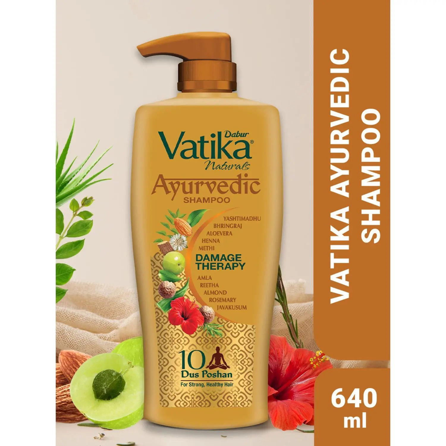 Dabur Vatika Ayurvedic Shampoo - 640ml | Damage Therapy | With Power of 10 ingredients for solving 10 hair problems| No Parabens | For all hair types