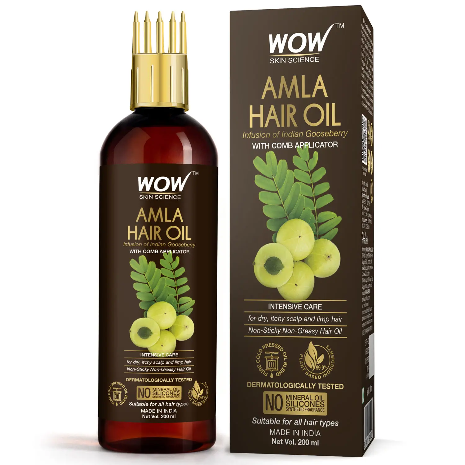 WOW Skin Science Amla Hair Oil - Pure Cold Pressed Indian Gooseberry Oil - Intensive Hair Care - with Comb Applicator - Non-Sticky & Non-Greasy - No Mineral Oil, Silicones, Synthetic Fragrance - 200mL