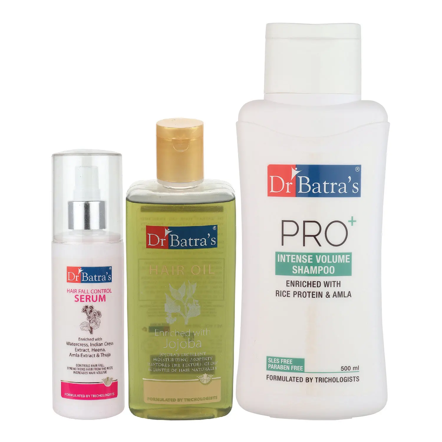 Dr Batra's Hair Fall Control Serum-125 ml, Pro+ Intense Volume Shampoo - 500 ml and Hair Oil - 200 ml