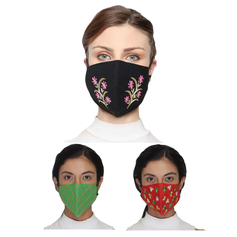 Anekaant Pack Of 3 Multicolor 3-Ply Reusable Cotton Embroidered Fabric Fashion Mask