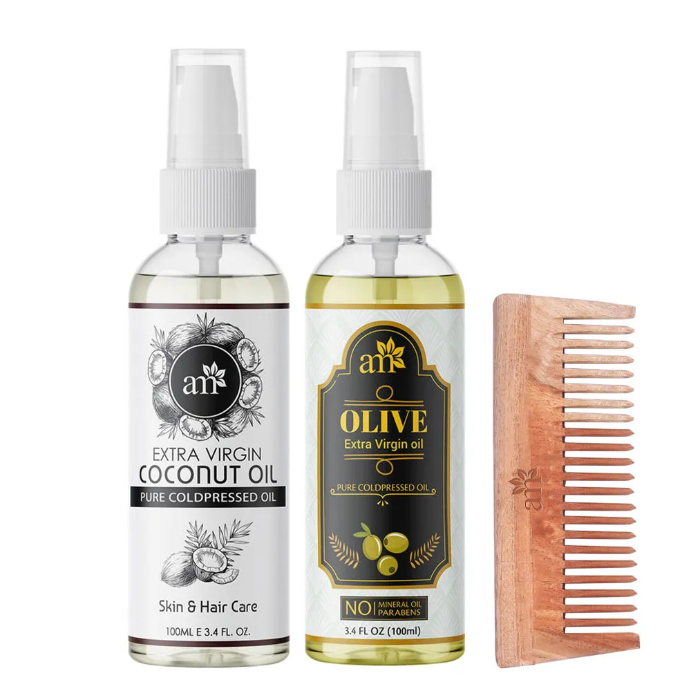 AromaMusk Organic 100% Pure Cold Pressed Coconut & Olive Oil with Wide Tooth Neem Wood Comb