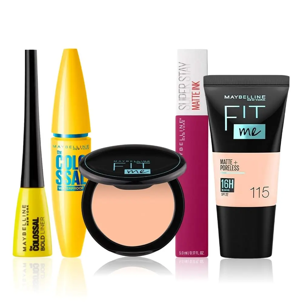 Maybelline Newyork All-Day Glam Essentials Kit 4 |Fit Me Compact 115(6 g) | Fit Me Liquid Foundation Tube 115 (18 ml) | Colossal Waterproof Mascara - Black (10 g) | Colossal Eyeliner Black(3g) | Super Stay Liquid Lipstick120(5g)