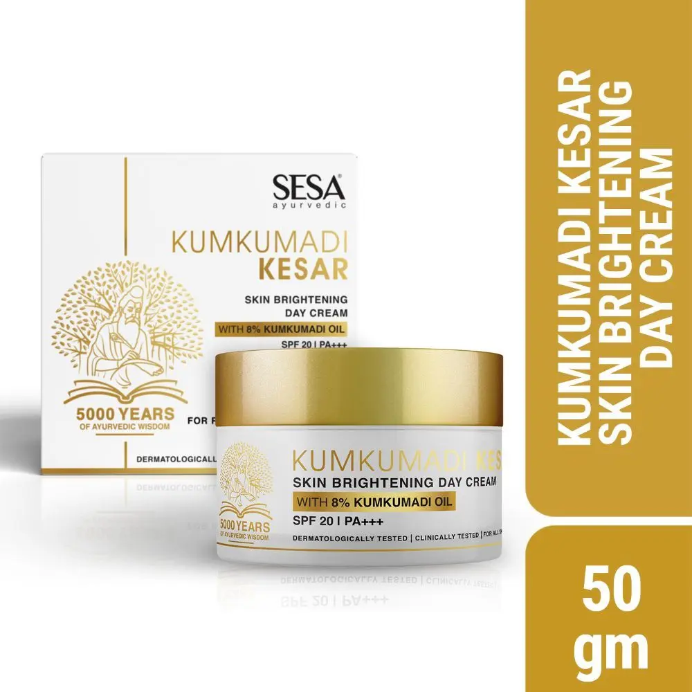 SESA 8% Kumkumadi Kesar Skin Brightening Day Cream with SPF 20 & PA +++ I 50g I Ayurvedic , Lightweight Moisturizer, For Glowing Skin, Skin Brightening & Lightening cream, Protection from sun damage & Reduced Dark spots