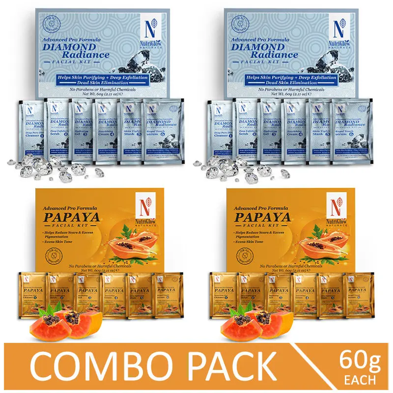 NutriGlow NATURAL'S Advanced Pro Formula Combo of 4 Papaya & Diamond Radiance Facial Kit For Skin Cell Repair, 60gm each