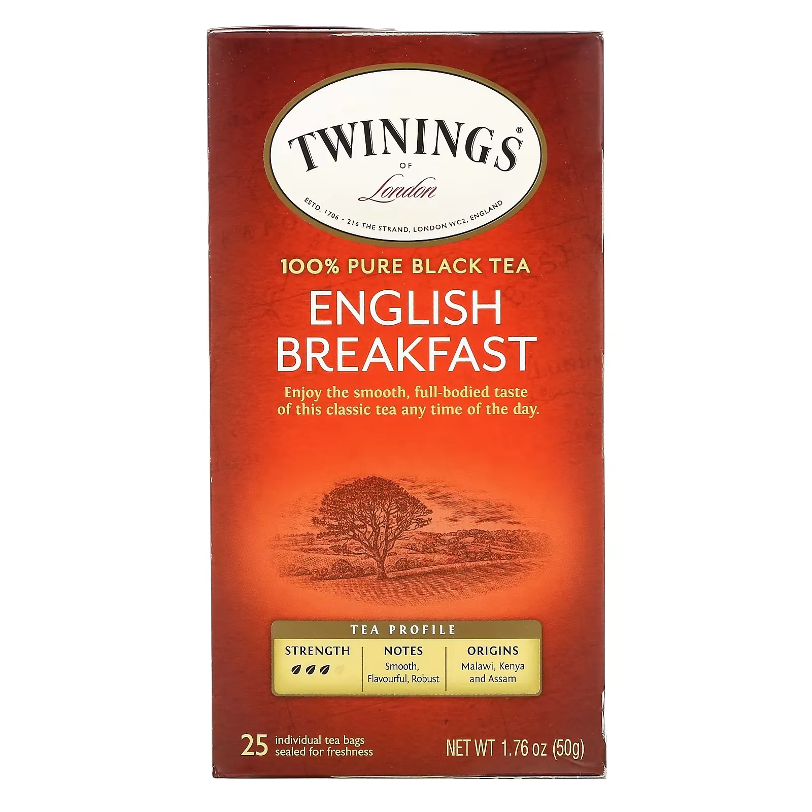 100% Pure Black Tea, English Breakfast, 25 Tea Bags, 1.76 oz (50 g)