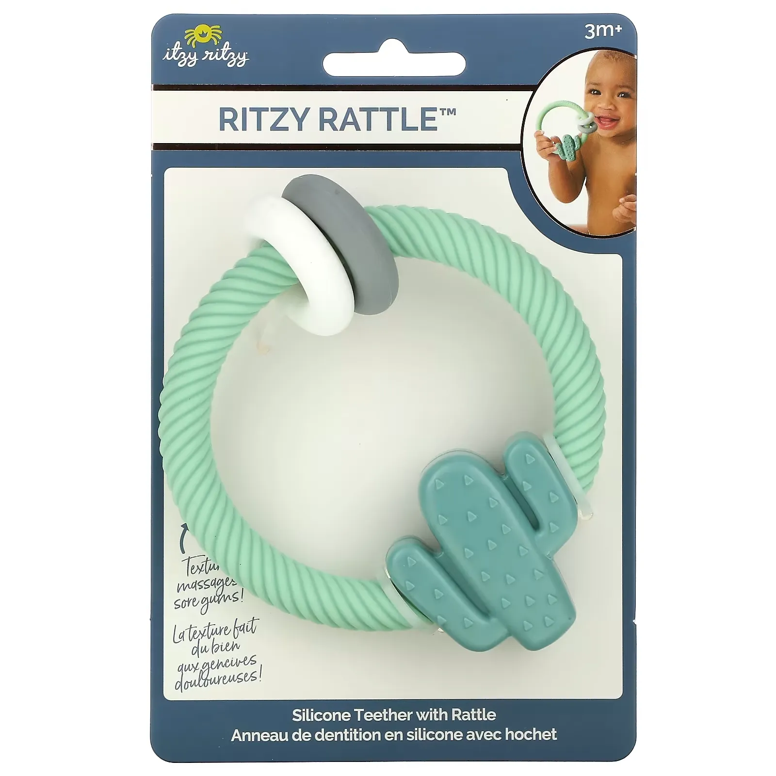 Ritzy Rattle, Silicone Teether with Rattle, 3+ Months, Cactus, 1 Teether