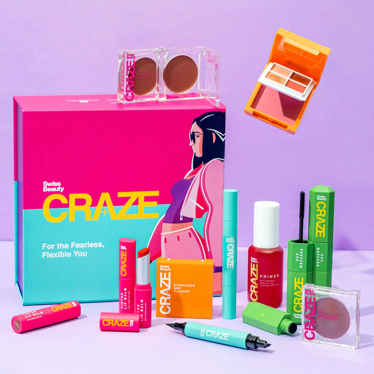 Swiss Beauty Craze All Day Makeup Kit - Lip Balm (Coral Pink) | Eyeshadow (Sweet Sunset) | Lip & Cheek Tint (Apple Pie)|Mascara(20 gm)|Eyeliner(2.8 gm)|Primer (27gm)