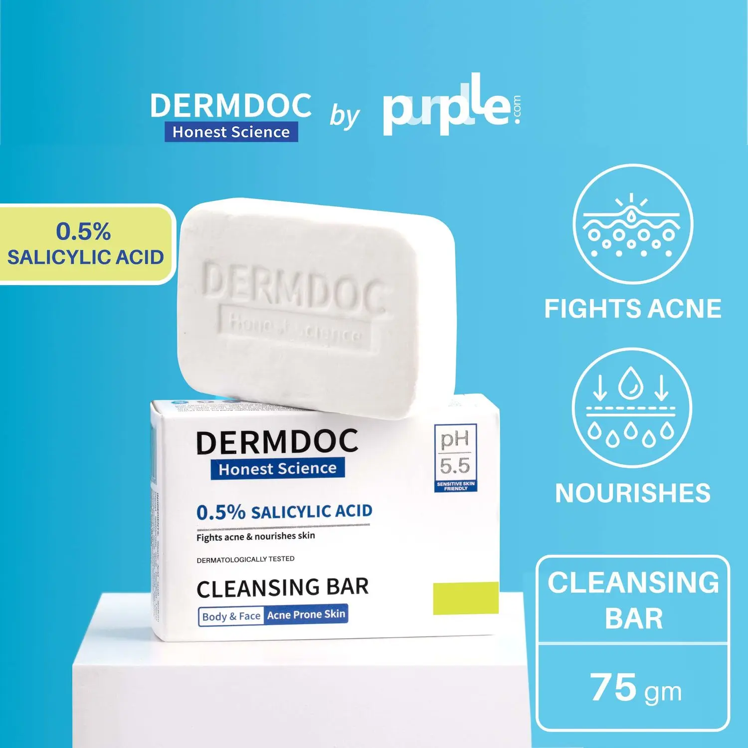 DermDoc by Purplle 0.5% Salicylic Acid Cleansing Bar (75g) | gentle deep cleansing bar | oil control, acne prone skin | salicylic acid for back & body acne