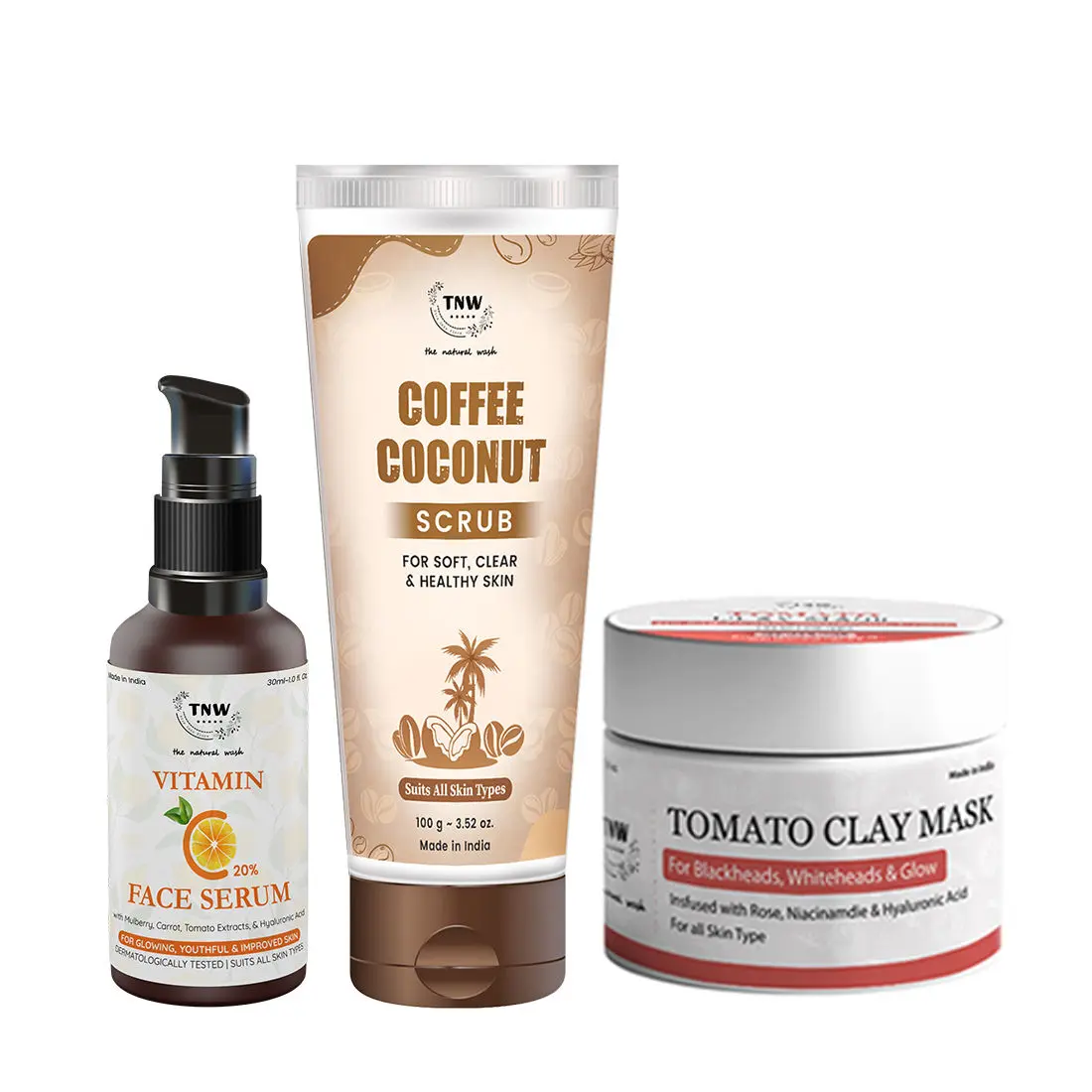 Combo of 3- Tomato Clay Mask 50gm + Coffee Coconut Scrub + Vitamin C Face Serum 30ml