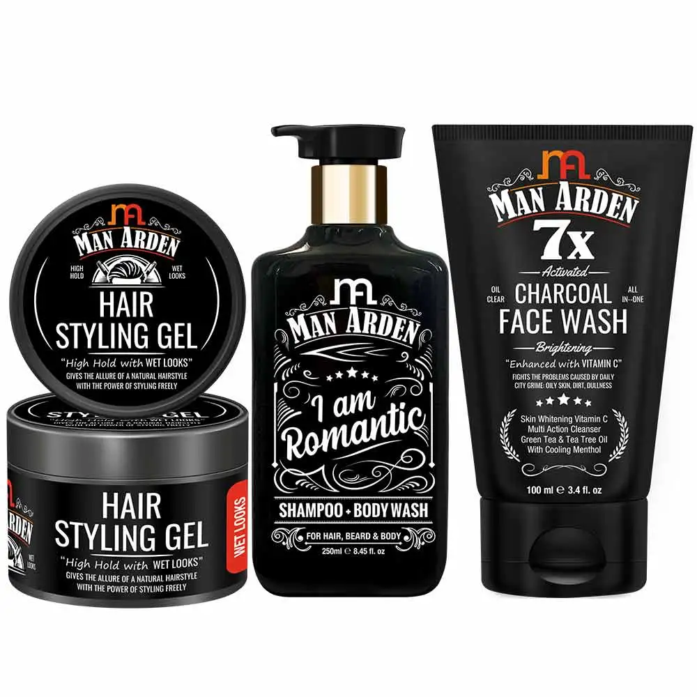 Man Arden Face & Hair Care Combo,  3 Piece(s)/Pack  Hair Styling Gel, I Am Romantic Shampoo + Body Wash, Charcoal Face Wash