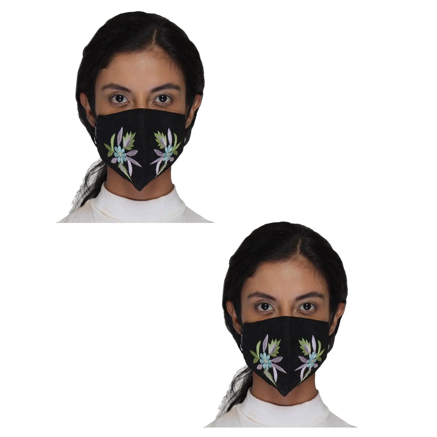 Anekaant Black & Pastel Reusable 3-Ply Poly Cotton Embroidered Fabric Fashion Mask (Pack Of 2)