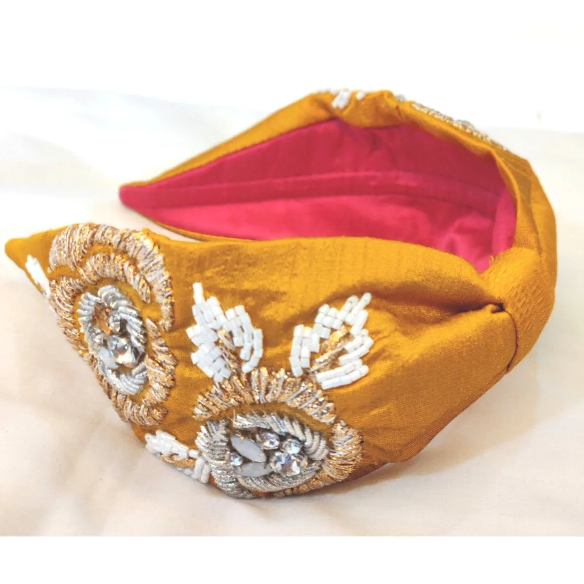 YoungWildFree Orange Embellished Hairband With Floral And Ethnic Hand Embroidery