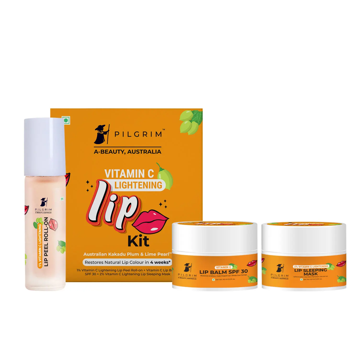 Pilgrim Vitamin C Lip Lightening Kit for dark lips with Australian Kakadu Plum & Lime Pearl 24 ml