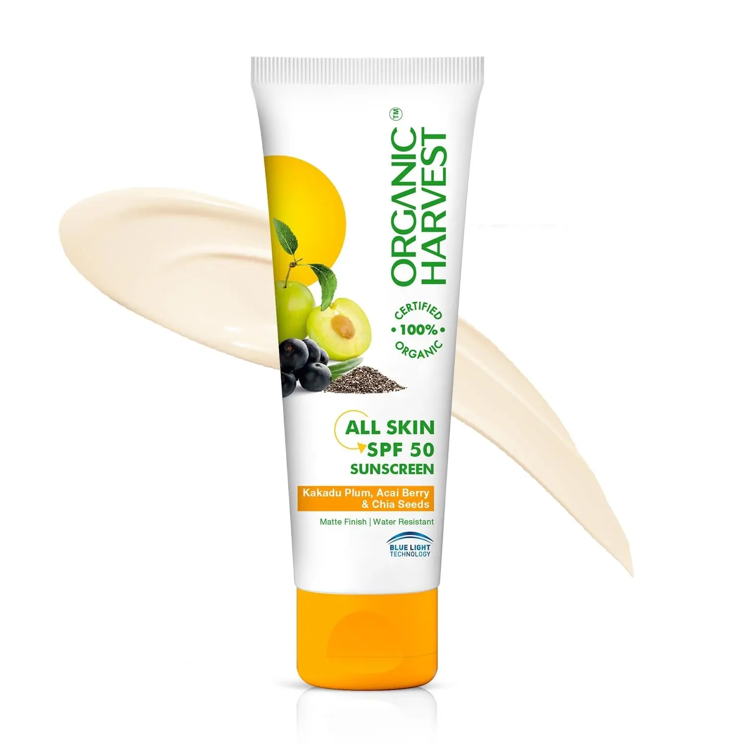 Organic Harvest All Skin SPF 50 Sunscreen: Kakadu Plum, Acai Berry & Chia Seeds | Sunscreen for Dry, Oily & Combination Skin | 100% American Certified Organic | Sulphate & Paraben-free 100g