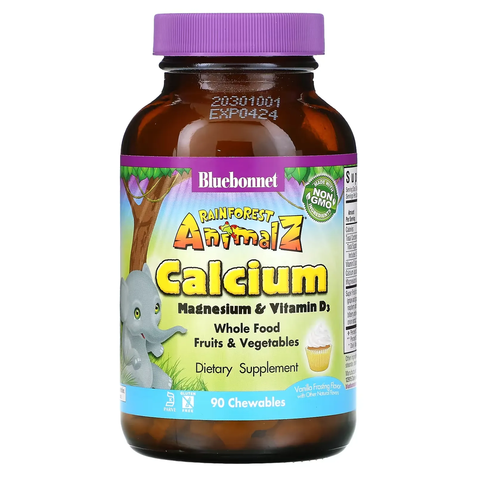 Rainforest Animalz, Calcium Magnesium & Vitamin D3, Natural Vanilla Frosting, 90 Chewables