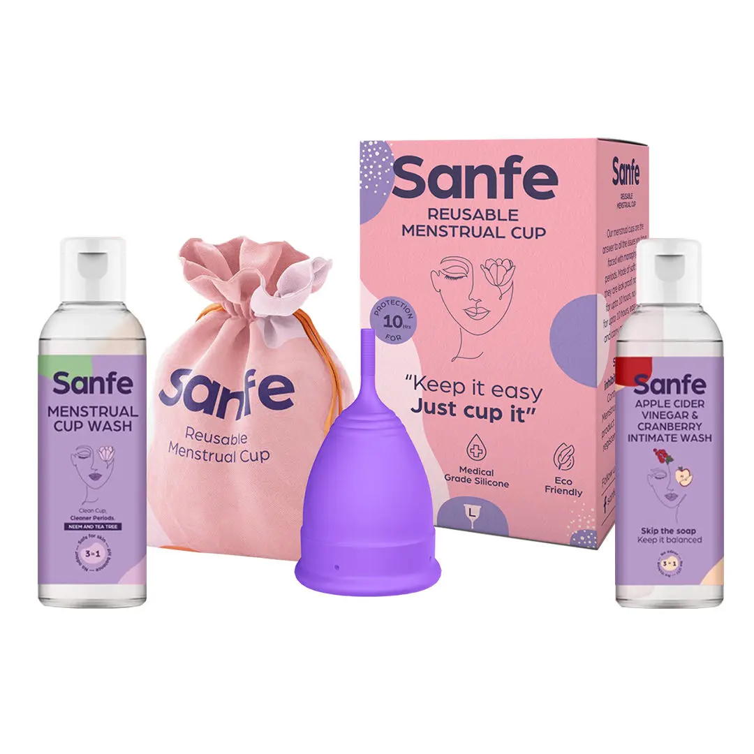 Sanfe FDA Approved Silicone Reusable Menstrual Cup - Large Size with Pouch, Mini Apple Cider Vinegar & Cranberry Intimate Wash & Cup Wash | Ultra Soft Period Cup Made with Liquid Medical Grade Silicone Protection (Multicolor)