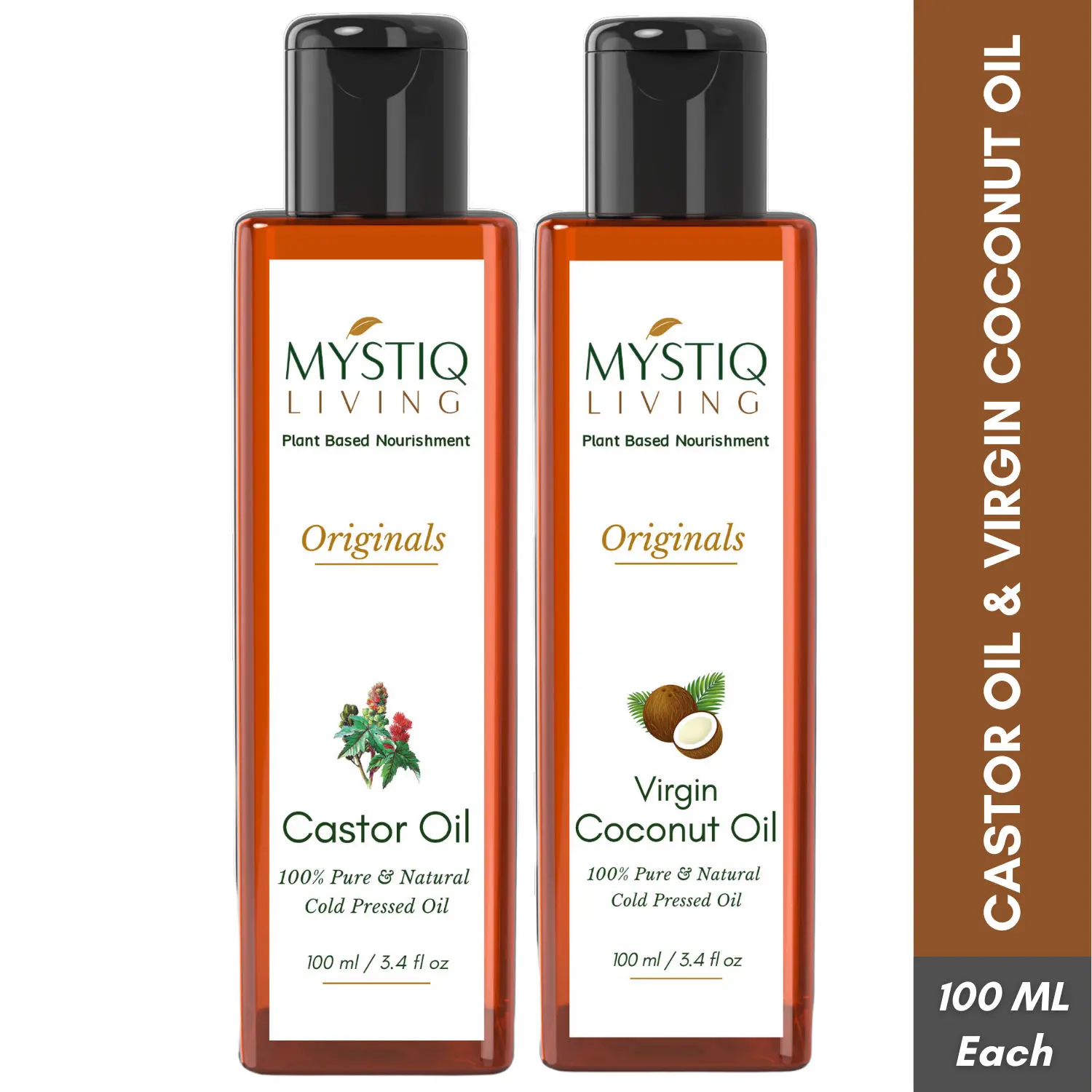 Mystiq Living Extra Virgin Coconut Oil & Castor Oil Combo 200ML (Pack of 2) - 100 ML Each for Hair & Skin | Castor Oil for Hair Growth | Cold Pressed| Organic | 100% Pure Castor Oil for Skin, Moisturizing Dry skin, Nail, Eyelash