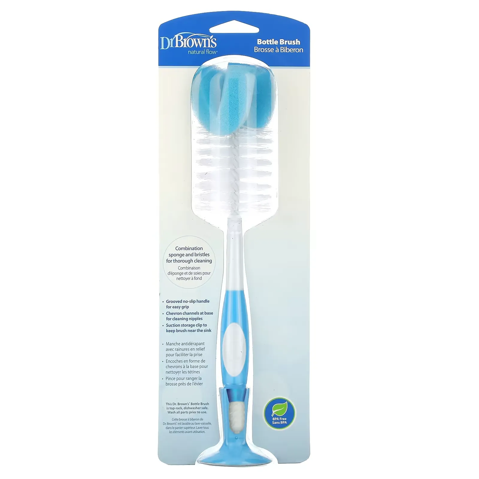 Natural Flow Bottle Brush with Sponge and Bristles, Blue, 1 Brush