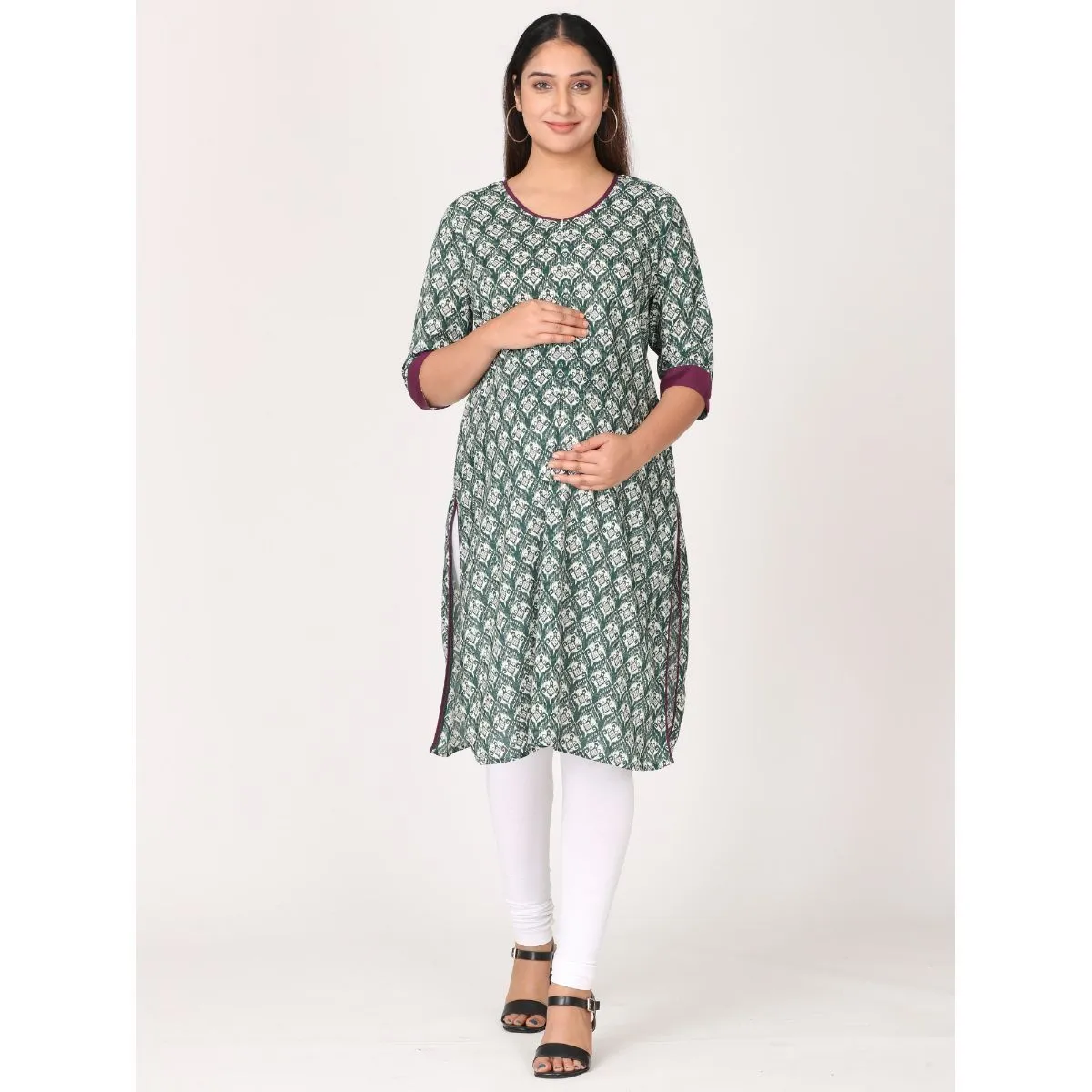 Morph Maternity Feeding Kurta With Vertical Nursing - Green