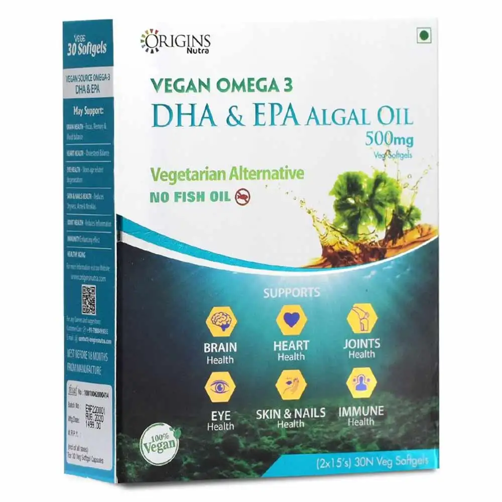 Origins Nutra Vegan Omega 3 DHA & EPA Algal Oil 500mg,  30 softgels