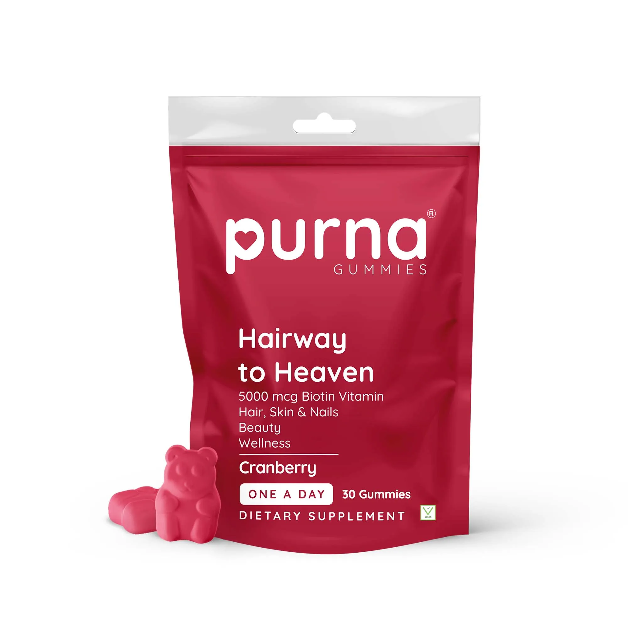 Purna Gummies Biotin Cranberry Flavour Gummies with Vitamin B 12 for Stronger Hair and Nails, 30 Day Pack