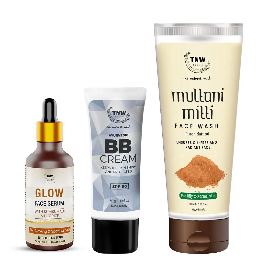 Combo of 3- BB Cream 30 gm & Multani Mitti Face Wash 100ml & Glow Face Serum 30ml