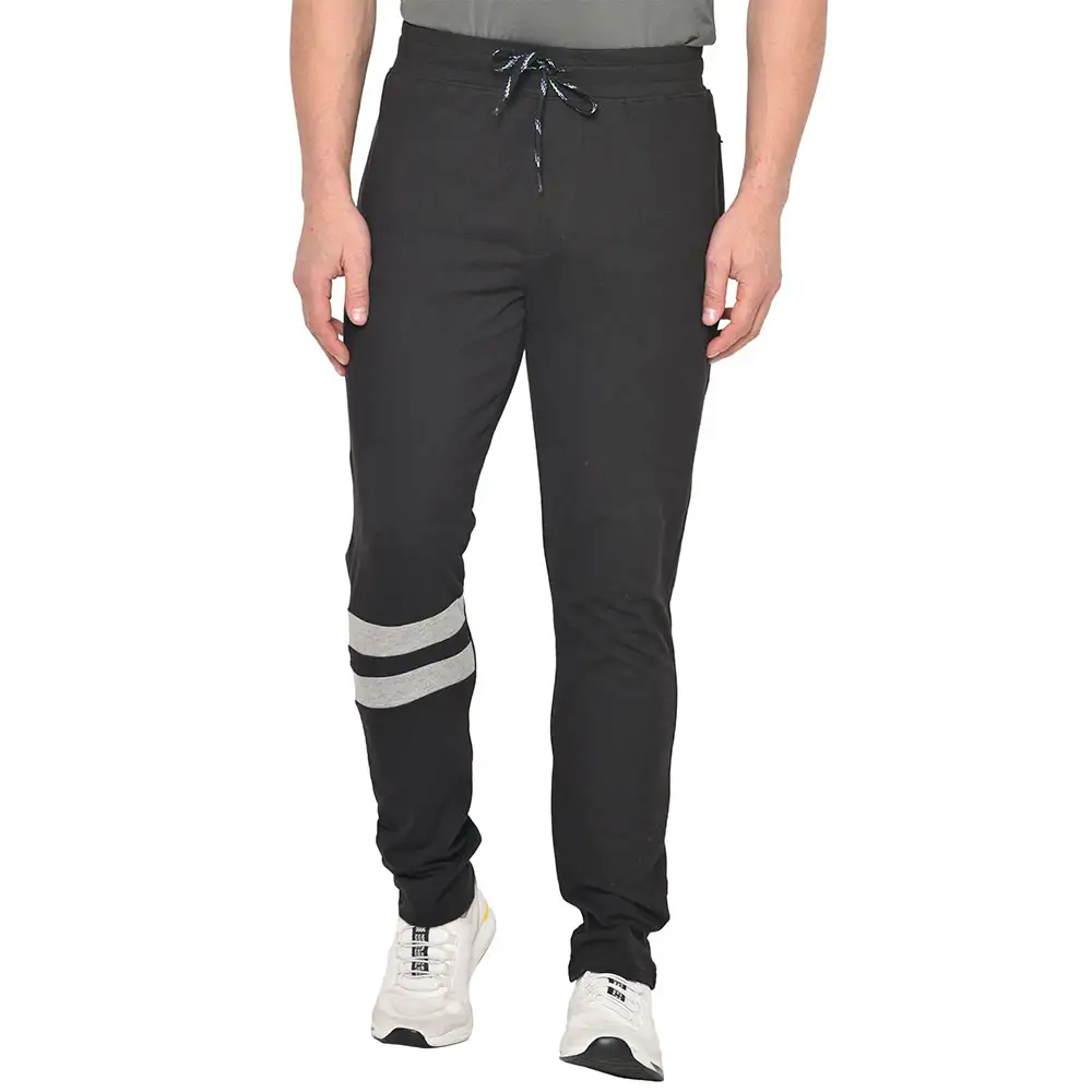 Fitinc Cotton Double Strip Designed Trackpant with Both Side Zipper,  Black  Medium