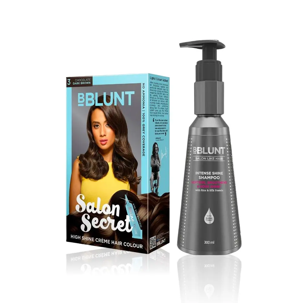 BBLUNT Salon Secret High Shine Creme Hair Colour - Chocolate Dark Brown 3. No Ammonia  ( 100 g+8ml)+BBLUNT Hair Fall Control Shampoo with Pea Protein & Caffeine for Stronger Hair (300 ml)