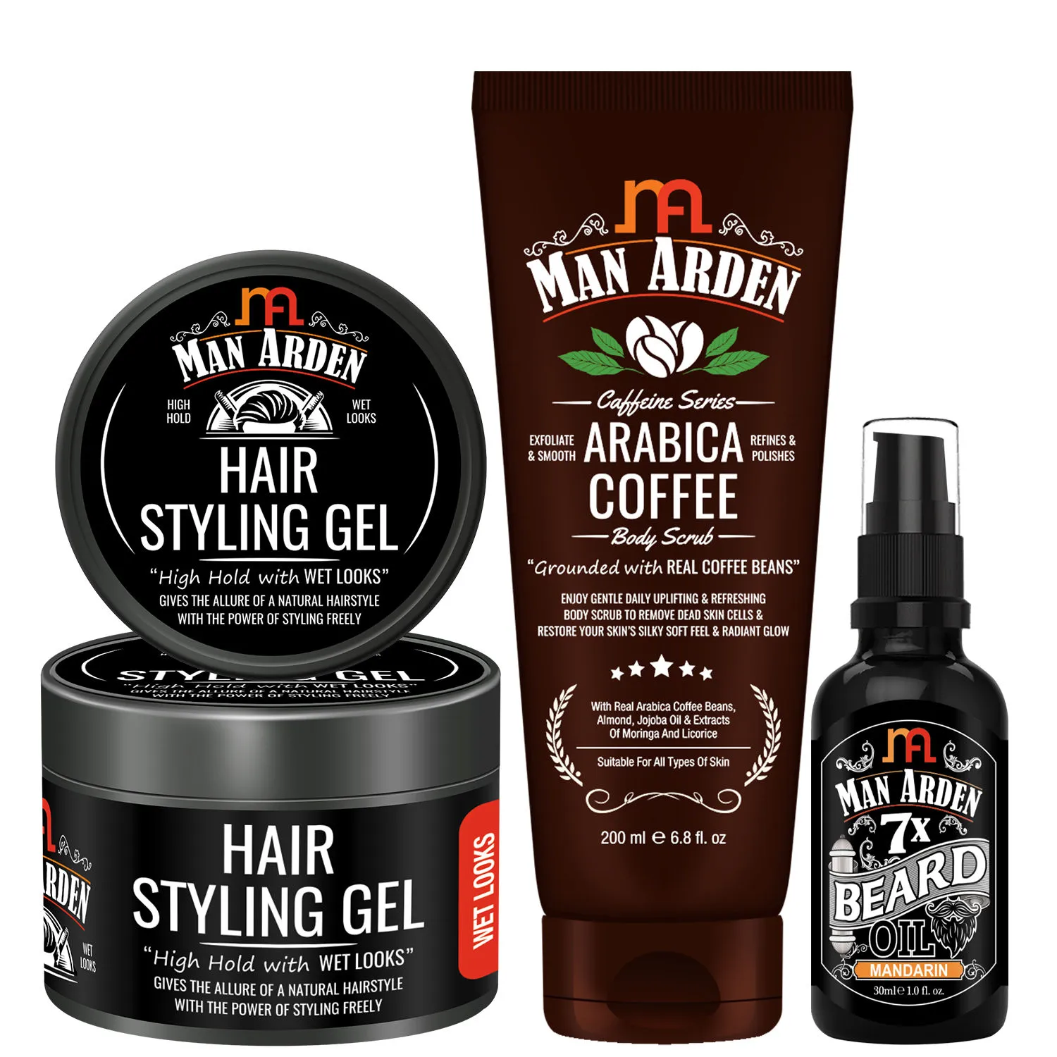 Man Arden Hair And Skin Grooming - Hair Styling Gel + Coffee Body Scrub + Beard Oil (Mandarin)