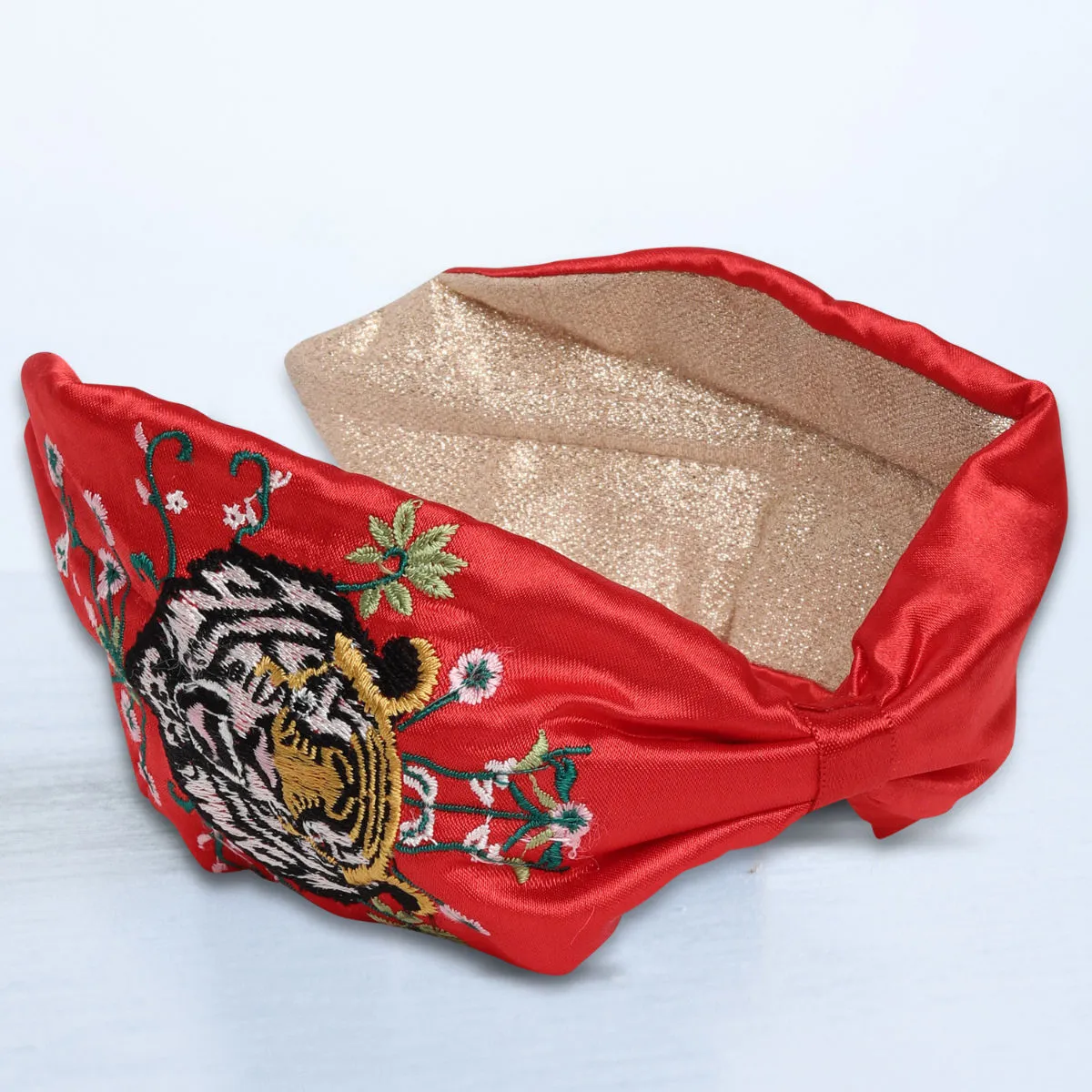 Blueberry Tiger Embroidery Red Satin Knot Hair Band