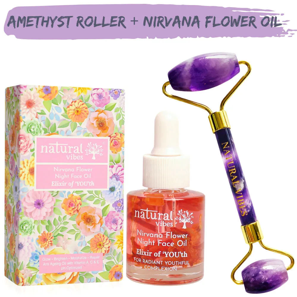 Natural Vibes Amethyst Face Roller + Nirvana Anti Ageing Flower Oil