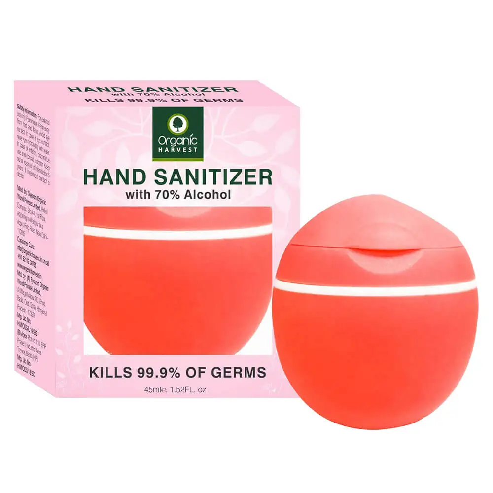 Organic Harvest Hand Sanitizer with 70% Alcohol,  Tea Tree Essential Oil  45 ml  Kills 99.9% Bacteria and Germs Red