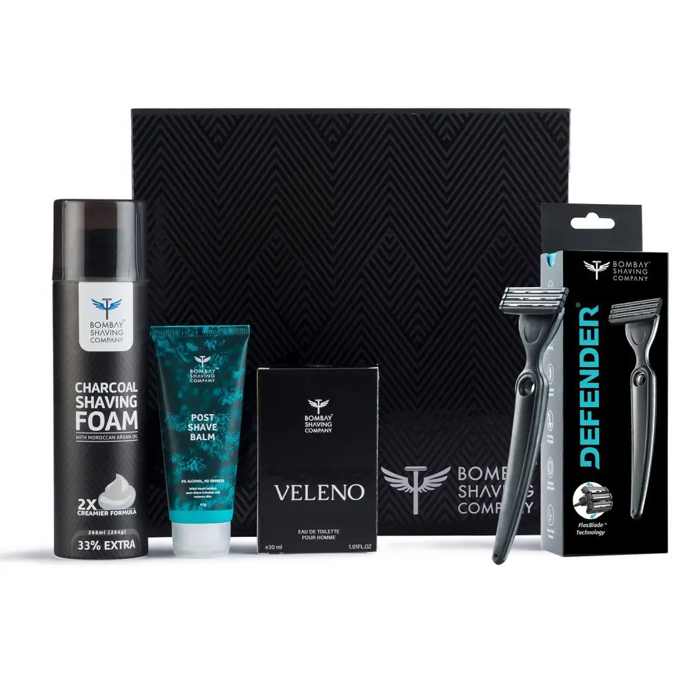 Bombay Shaving Company Shave & Dazzle Kit for Men | Post-shave Balm, Charcoal Shaving Foam, Veleno Perfume, Dexter Razor (Set of 4) 400 gm