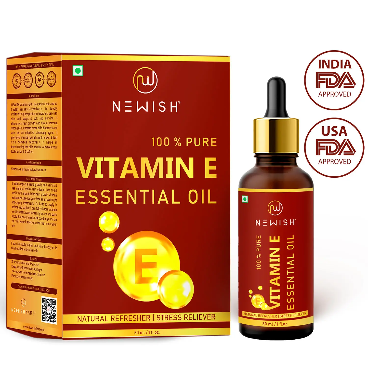 Newish Vitamin E 100% Natural Essential Oil for Hair Growth, Dark Spots, Skin Brightening ,Skin Glow,Ageing 30ml